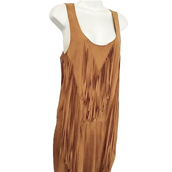 Belair Calvi Camel-Tan Goat Suede Sleeveless Fringed Scoop Neck Mini Dress T2 - Picture 16 of 16